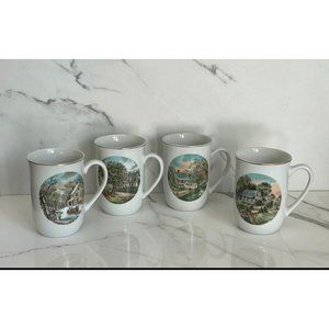 Vintage Set of 4 Currier and Ives Seasons Cups Mugs Winter Autumn Spring Summer